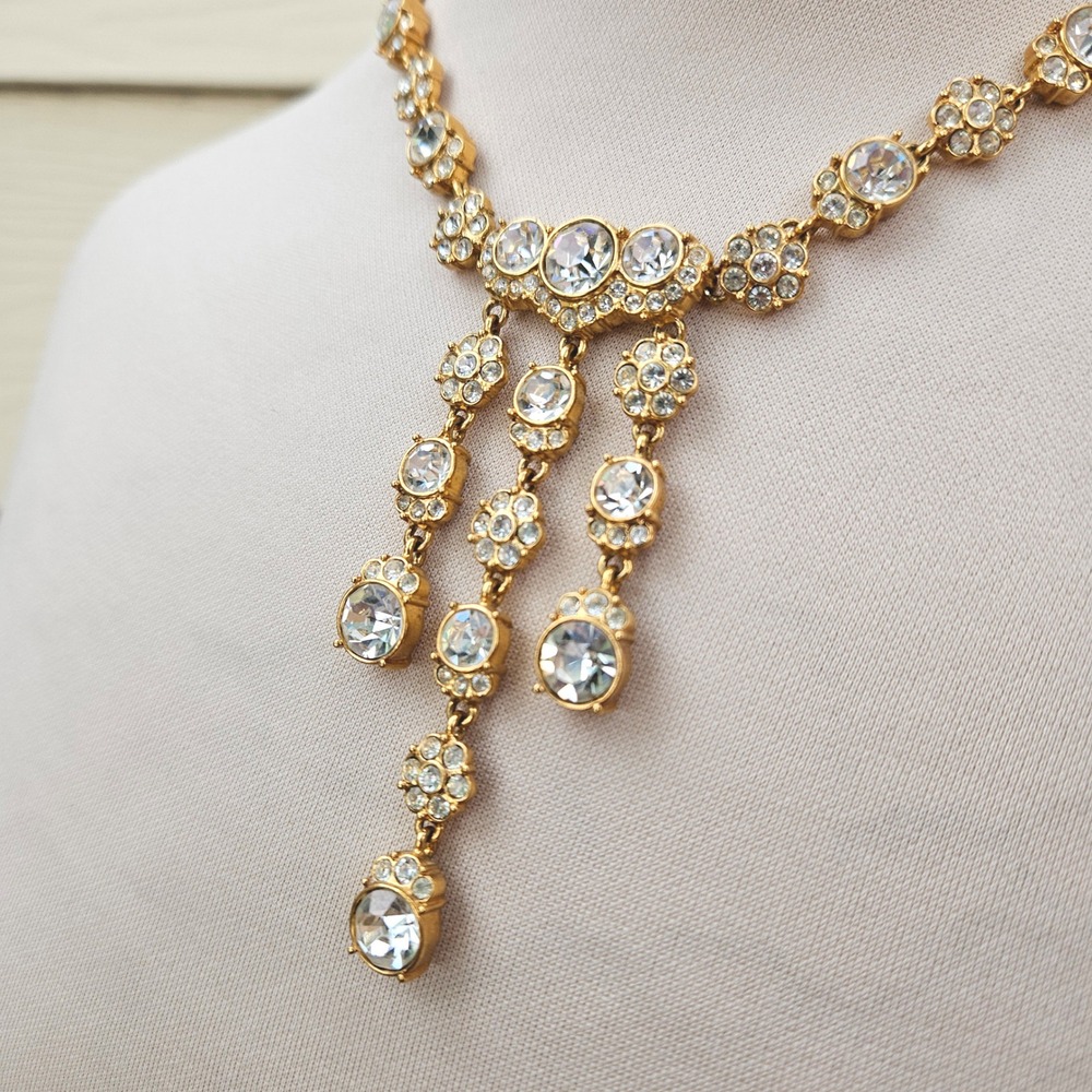 Monet Vintage Gold Tone Clear Rhinestone Dangle Drop Statement Necklace